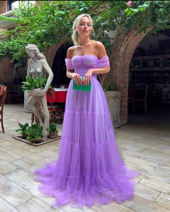 A Line Purple Off the Shoulder Formal Evening Gowns Tulle Long Prom Dress