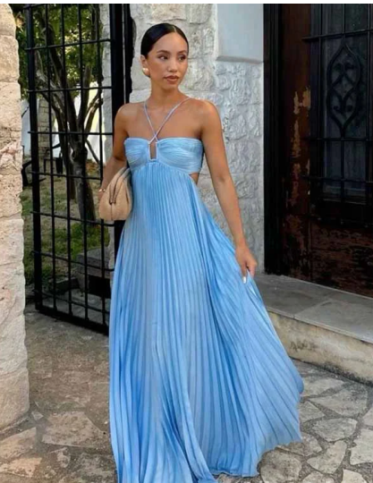 Sexy Halter Satin Pleated A Line Party Dress,Blue Backless Prom Evening Dress