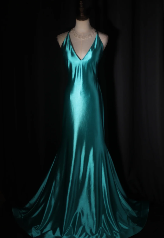 Sexy Green V Neck Satin Mermaid Long Party Dress Backless Wedding Guest Dress