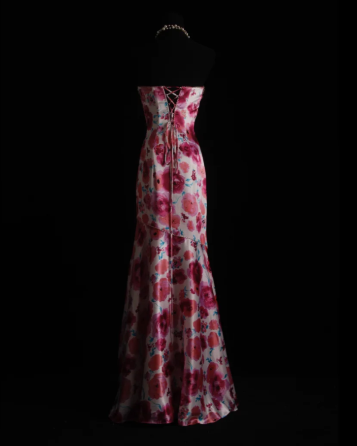 Charming Strapless Satin Floral Beaded Mermaid Long Birthday Prom Dress Evening Dress