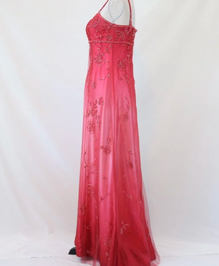 Elegant Spaghetti Straps Ombre Pink Satin Beaded Long Party Dress Formal Evening Dress