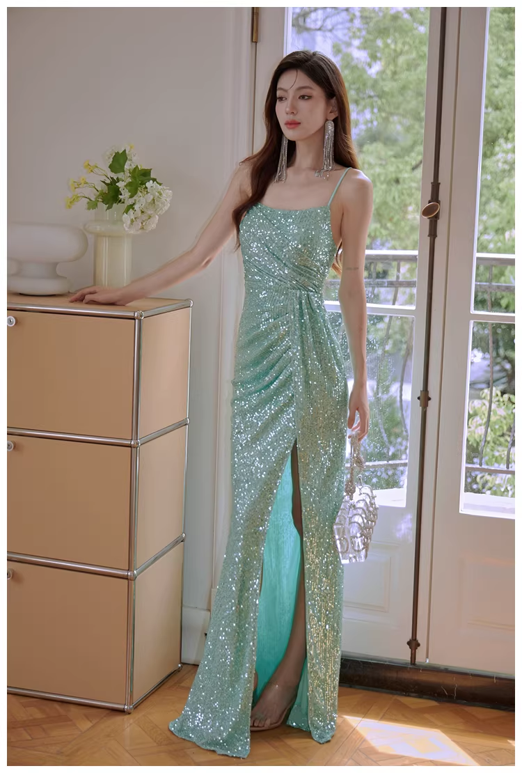 Sparkly Spaghetti Straps Mint Green Sequin Mermaid High Slit Long Prom Dress Evening Dress