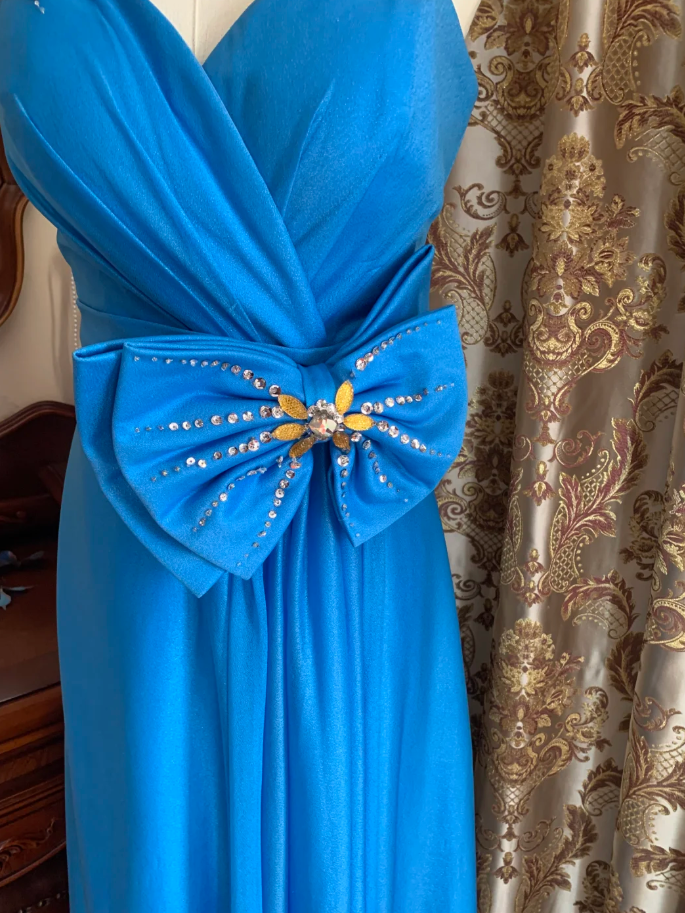 Vintage One Shoulder Blue Satin Beaded Long Wedding Guest Dress Birthday Party Dress With Bow