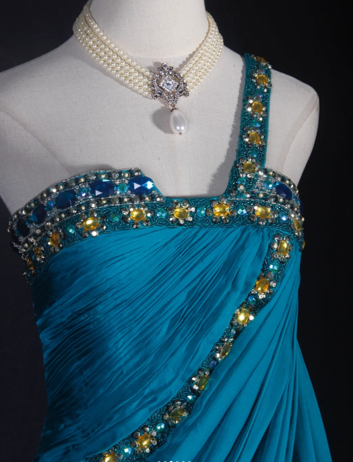 Vintage Blue One Shoulder Satin Beaded Mermaid Evening Dress Long Party Dress With Florals