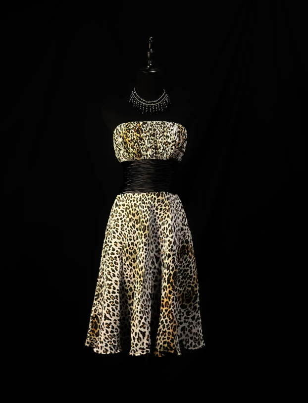 Vintage Leopard Chiffon Beaded Homecoming Dress Strapless Cocktail Dress