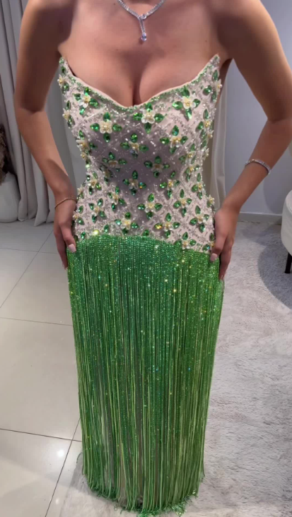 Luxury Strapless Satin Beaded Tassel Green Long Prom Gown Formal Evening Dress