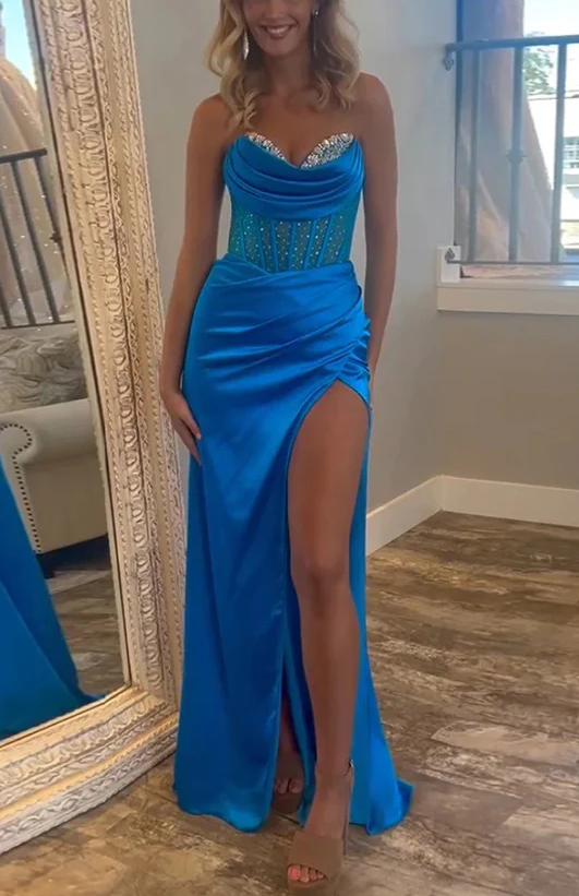 Gorgeous Mermaid Strapless Satin Beading Royal Blue Prom Dress Sexy Evening Dress