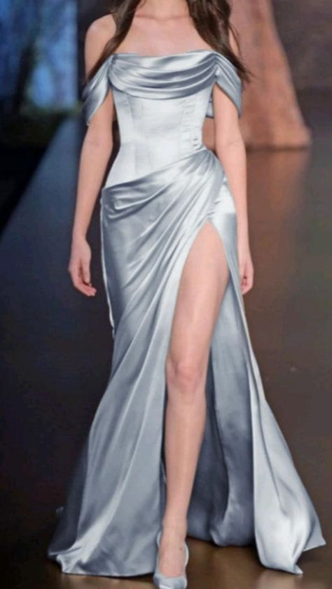 Blue Off The Shoulder Satin Pleated Prom Evening Dress Slit Party Dress