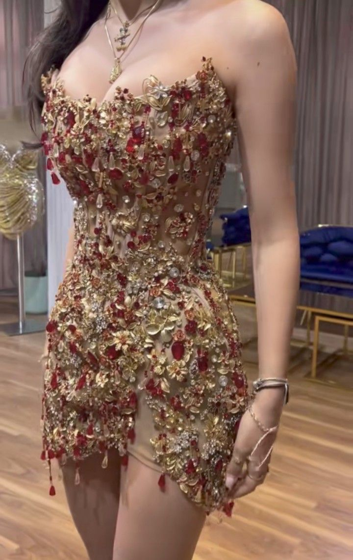 Gorgeous Sheath Strapless Sequin Beaded Gold Formal 8th Grade Homecoming Dress Mini Cocktail Dress