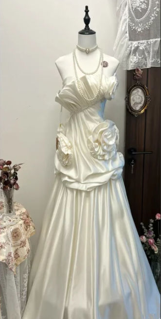 Vintage Strapless Satin Pleated Ivory Long Party Dress Birthday Prom Dress