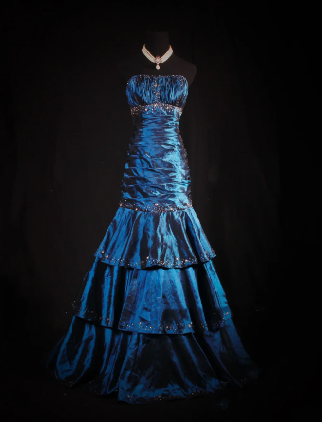 Gorgeous Strapless Satin Pleated Layered Beaded Evening Dress Navy BLue Mermaid Long Party Dress