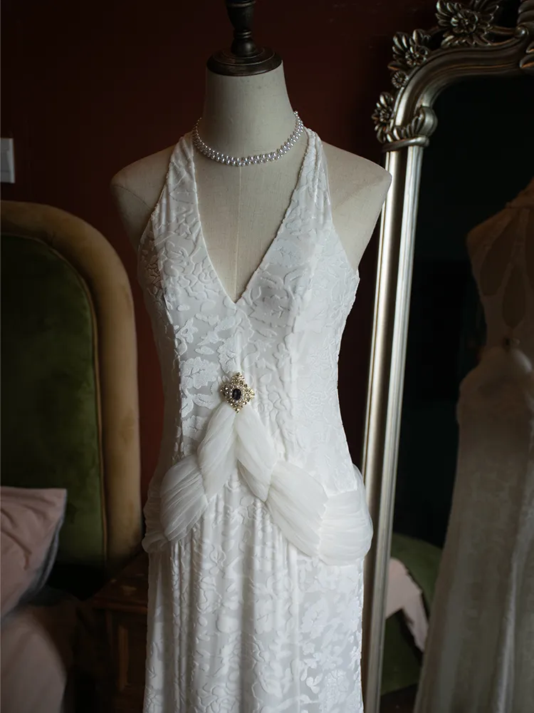 Vintage White V-Neck Backless Lace Mermaid Evening Dress Elegant Prom Party Dress