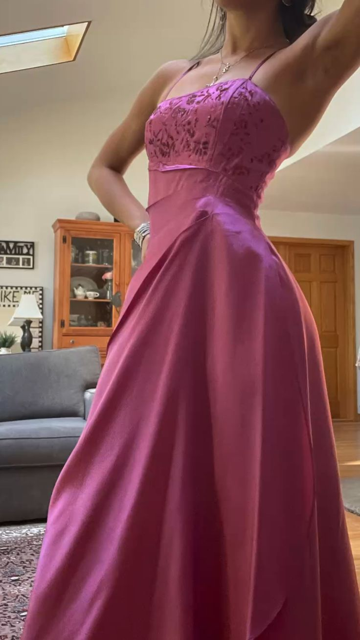 Spaghetti Straps Pink Long A Line Beaded Evening Dress Formal Prom Gown