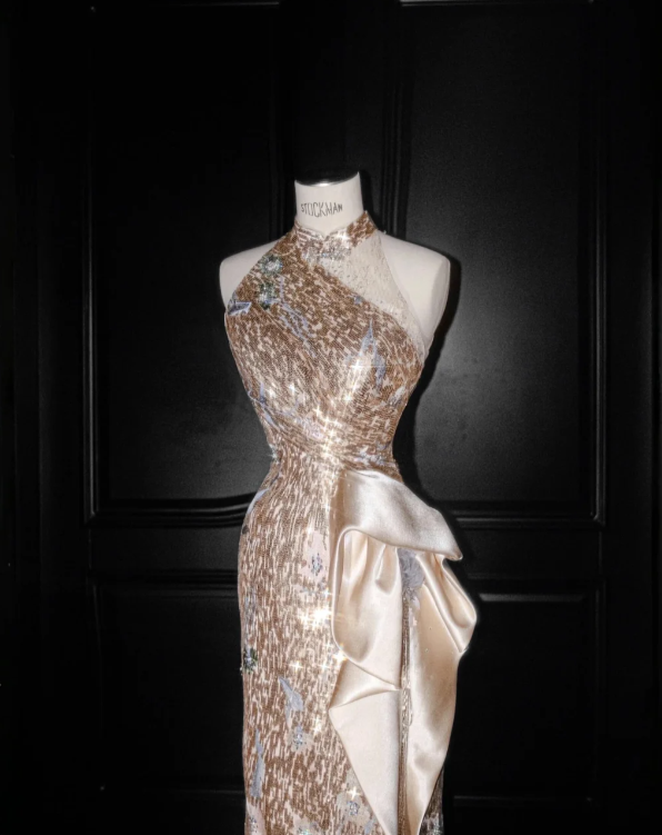 Champagne Sequin Prom Party Dress Shiny Evening Dress Birthday Outfit