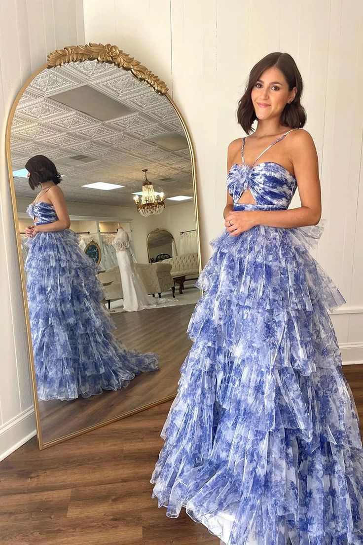 Sweet Ball Gown Straps Lavender Floral Printed Tulle Long Prom Dress
