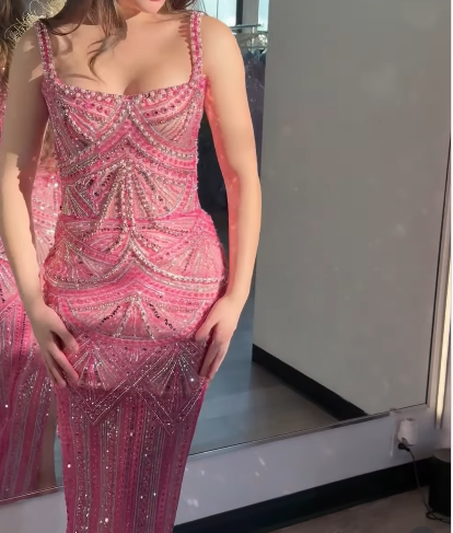 Gorgeous Pink Spaghetti Straps Sequin Beaded Long Evening Dress Formal Party Gown