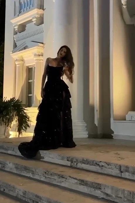 Elegant Ball Gown Strapless Black Sequin Layers Slit Long Prom Dresses Formal Dress