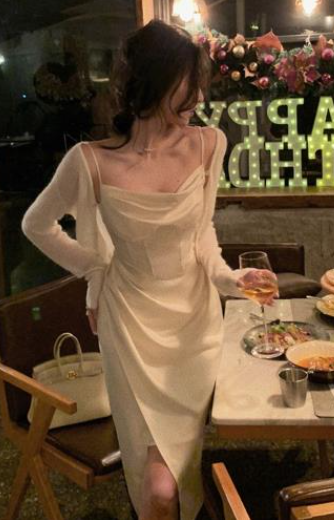 Modest Sheath Spaghetti Straps Ivory Slit Prom Dresses Evening Dress