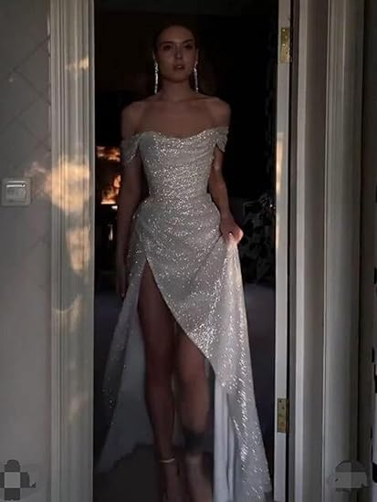 Elegant Sheath Off The Shoulder White Slit Sequin Prom Dresses Long Evening Dress