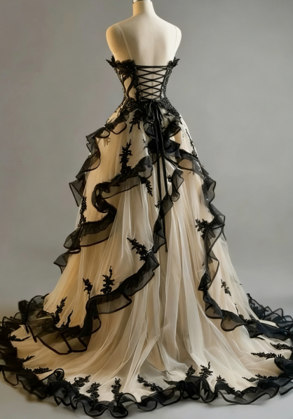 Vintage Ball Gown Sweetheart Tulle Prom Dresses Long Ruffles Evening Dress