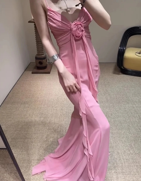 Vintage Mermaid Spaghetti Straps 90s Pink Chiffon Prom Dresses Evening Gowns