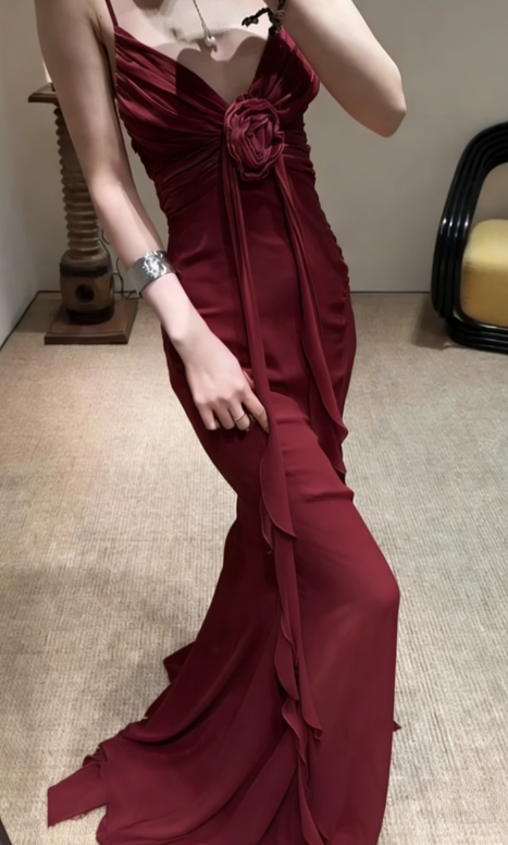 Vintage Mermaid Spaghetti Straps 90s Pink Chiffon Prom Dresses Evening Gowns
