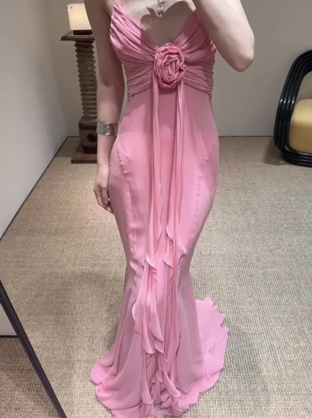 Vintage Mermaid Spaghetti Straps 90s Pink Chiffon Prom Dresses Evening Gowns