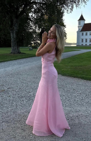 Gorgeous Mermaid High Neckline Pink Slit Tulle Long Prom Dresses Evening Dress