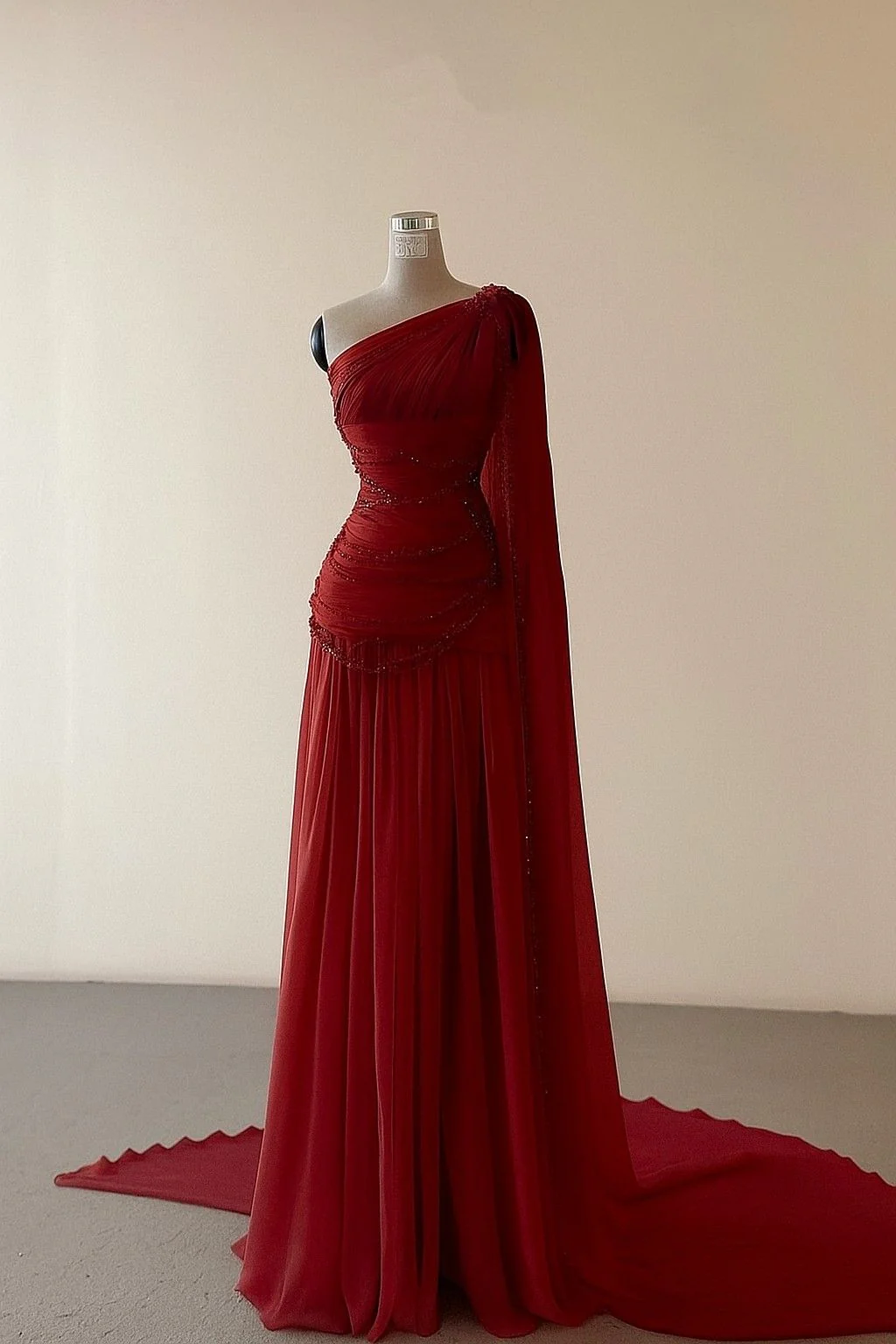 Vintage A Line One Shoulder Chiffon Floor Length Prom Dresses Beads Evening Dress