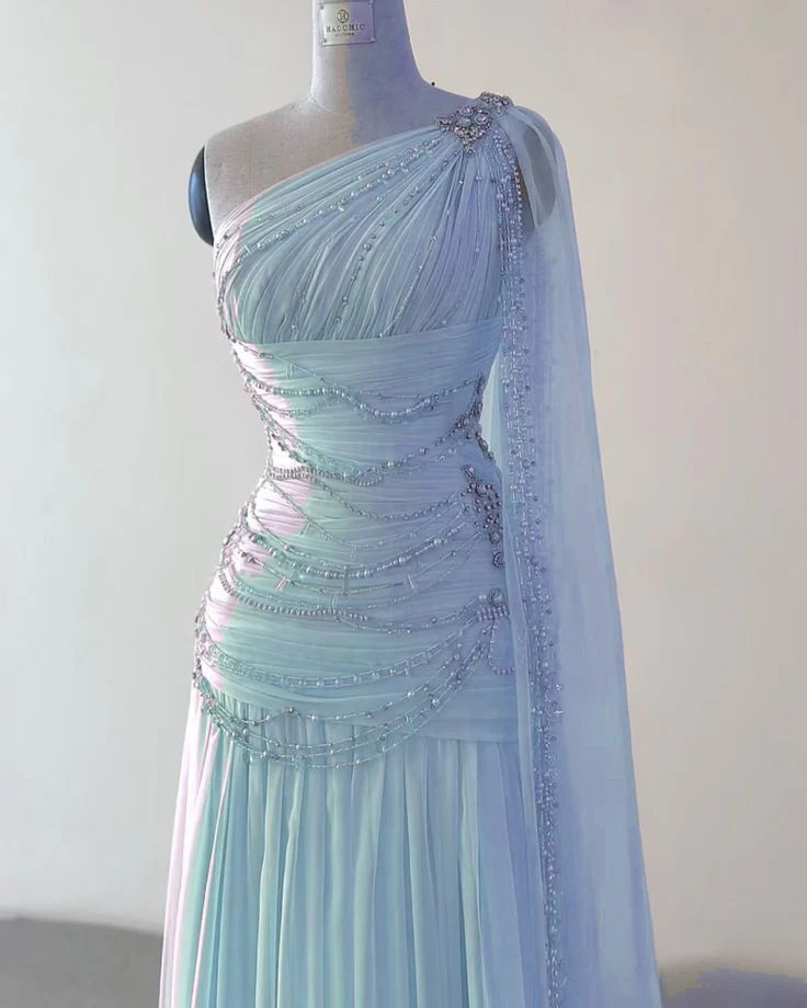 Vintage A Line One Shoulder Chiffon Floor Length Prom Dresses Beads Evening Dress