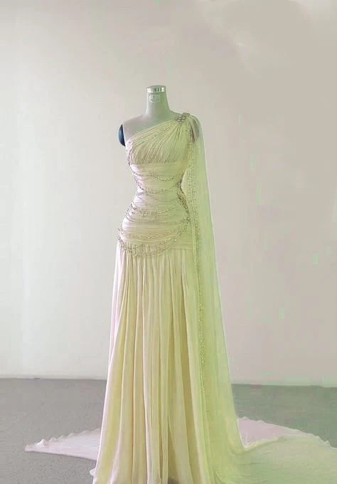 Vintage A Line One Shoulder Chiffon Floor Length Prom Dresses Beads Evening Dress