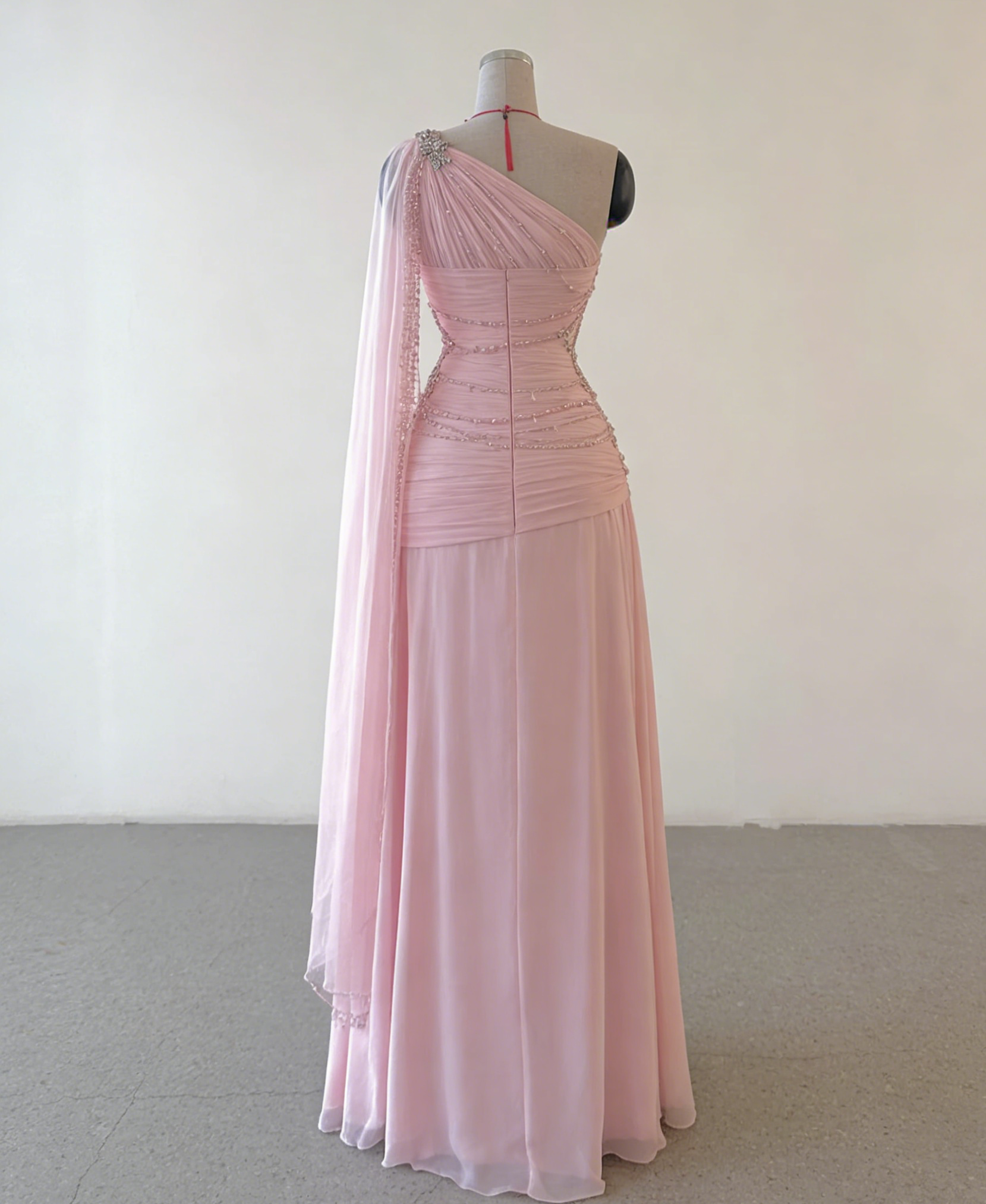 Vintage A Line One Shoulder Chiffon Floor Length Prom Dresses Beads Evening Dress