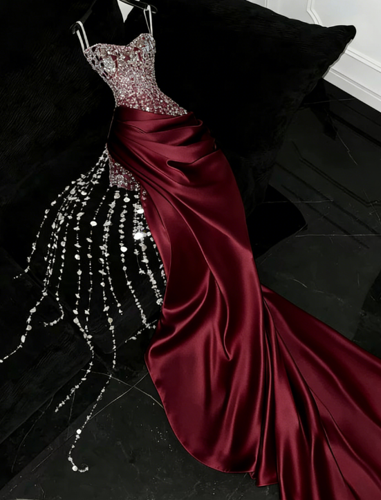 Gorgeous Mermaid Spaghetti Straps Satin Sequin Beads Long Wedding Dresses