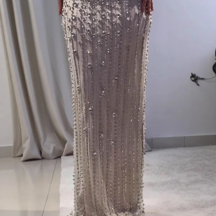 Gorgeous Mermaid Spaghetti Straps Satin Beads Long Prom Dresses Formal Dress