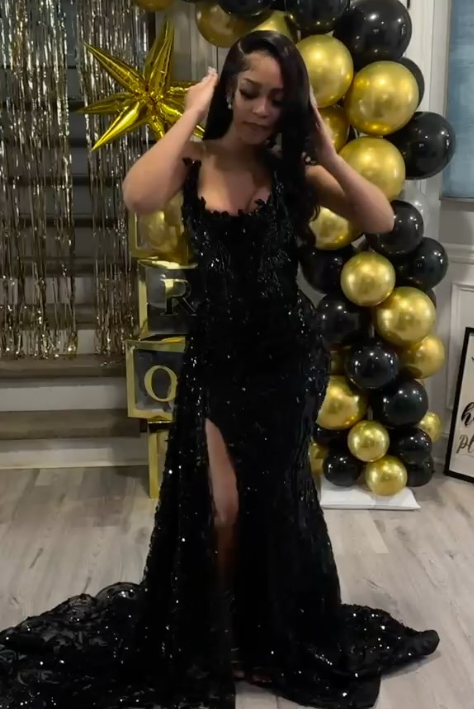 Gorgeous Mermaid Strapless Black Satin Sequin Beads Slit Long Prom Dresses Formal Dress