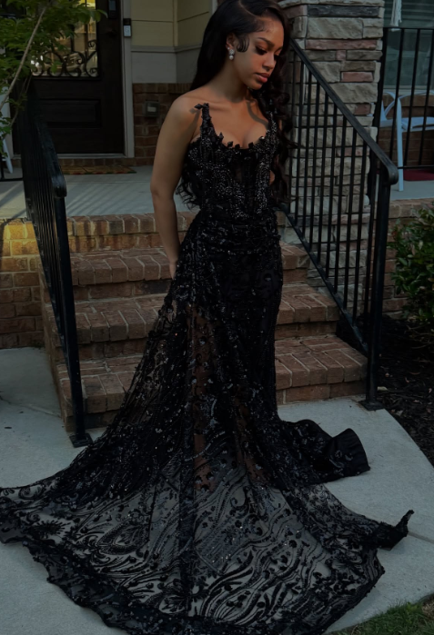 Gorgeous Mermaid Strapless Black Satin Sequin Beads Slit Long Prom Dresses Formal Dress