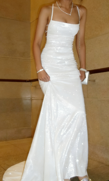Shiny Mermaid Spaghetti Straps Satin Sequin Long Prom Dresses Formal Dress