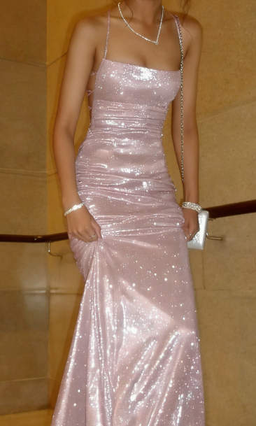 Shiny Mermaid Spaghetti Straps Satin Sequin Long Prom Dresses Formal Dress