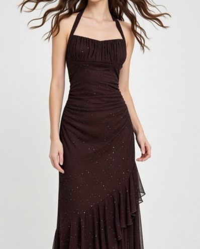 Shiny A Line Halter Chiffon Sequin Long Prom Dresses Formal Dress