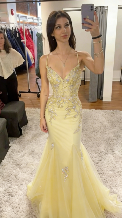Elegant Mermaid Spaghetti Straps Tulle Sequin Long Prom Dress, Evening Dress