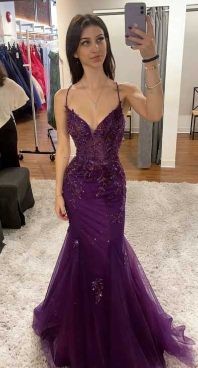Elegant Mermaid Spaghetti Straps Tulle Sequin Long Prom Dress, Evening Dress