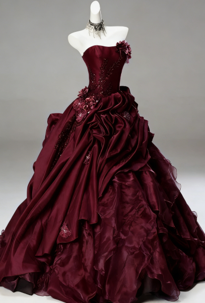 Vintage Ball Gown Strapless Satin Long Prom Dress, Evening Dress