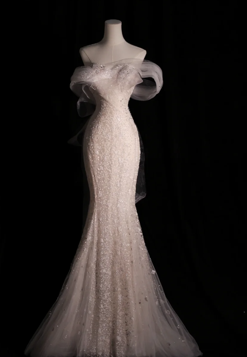 Fairytale Wedding Dress White Mermaid Off The Shoulder Short Sleeves Wedding Dresses