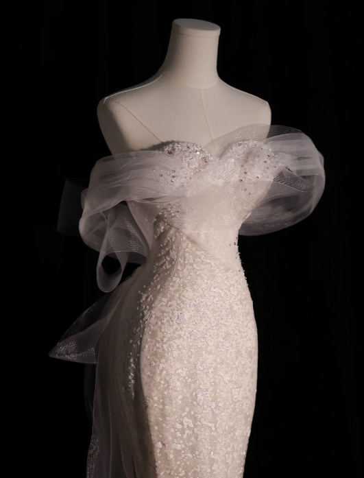 Fairytale Wedding Dress White Mermaid Off The Shoulder Short Sleeves Wedding Dresses