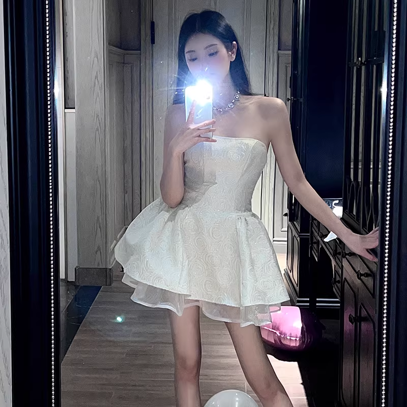 Elegant A line Strapless Satin Short Birthday Outfits Homecoming Dress