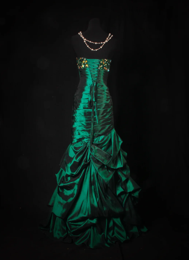 Elegant Emerald Green Strapless Satin Pleated Mermaid Long Party Dress Evening Dress With Beads