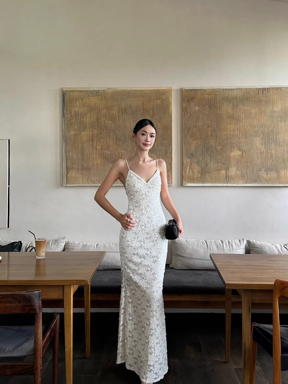 Pretty Spaghetti Straps V Neck Off White Lace Sequin Mermaid Long Evening Dress Formal Wedding Guest Dress