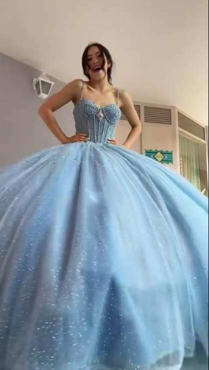 Shiny Spaghetti Straps Blue Tulle Sequin Beaded Formal Quinceanera Dress Sweet 16 Dress