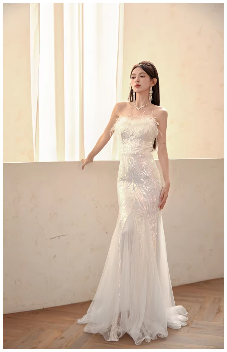 Classy Feathers Strapless White Tulle Sequin Mermaid Long Evening Dress Prom Dresses