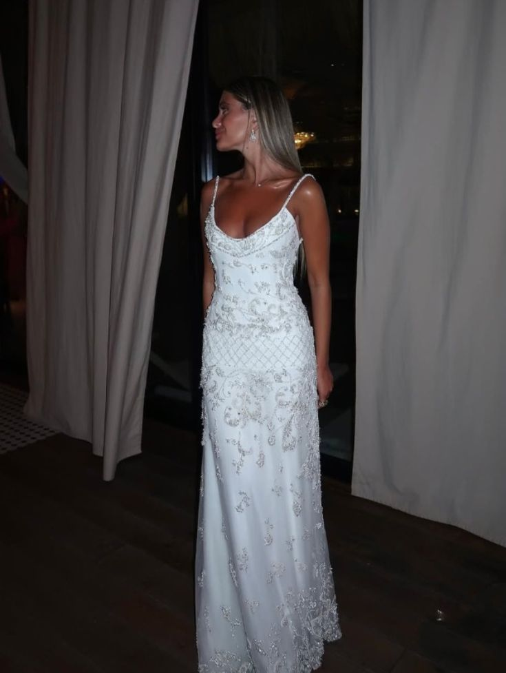 Elegant Spaghetti Straps Satin Tulle Beaded Long Party Dress Evening Dress